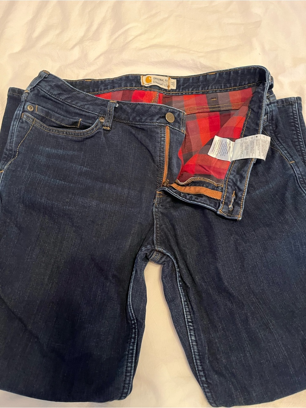 Carhartt Women’s Dark Blue Jeans with Red Plaid Lining